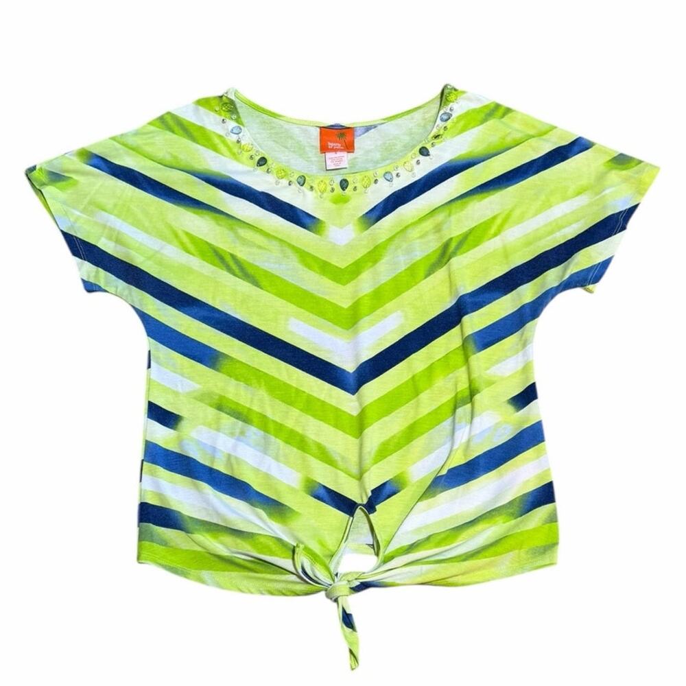 Hearts of Palm Small Green Embellished Chevron Striped Tie Front Tropical Shirt - Picture 2 of 9